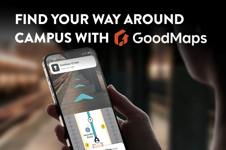 Find your way around campus with GoodMaps (hand holding the phone with GoodMaps directions showing)