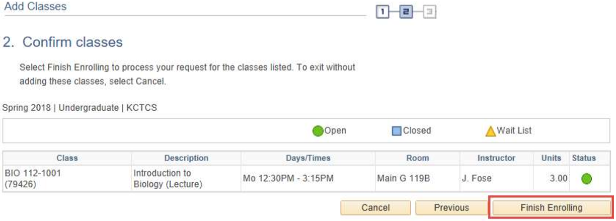 Confirm the class(es) to add and click Finish Enrolling.