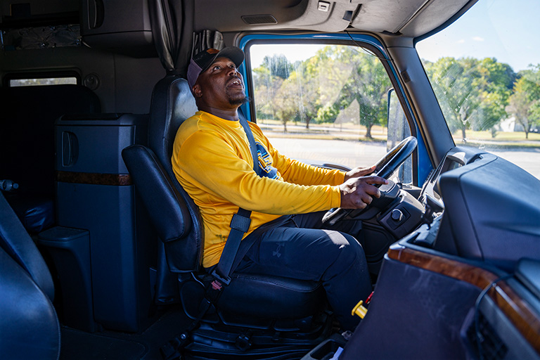 student sitting in the JCTC CDL truck