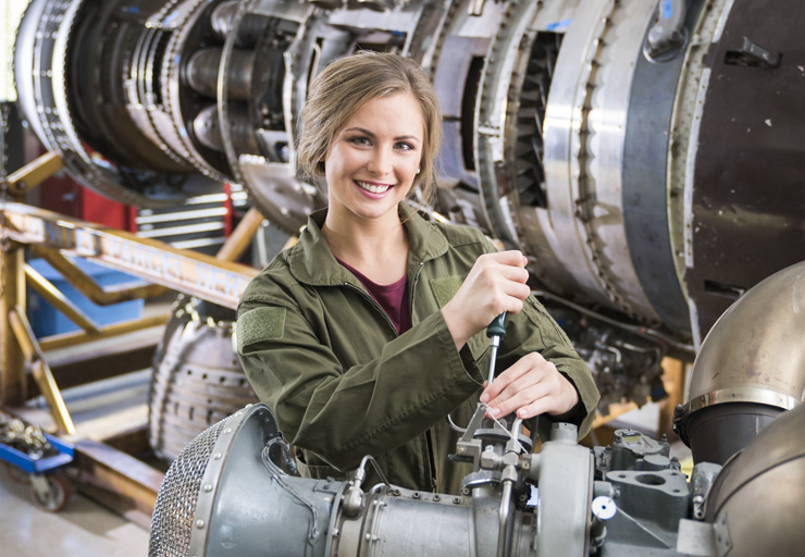 female working on an aviation part