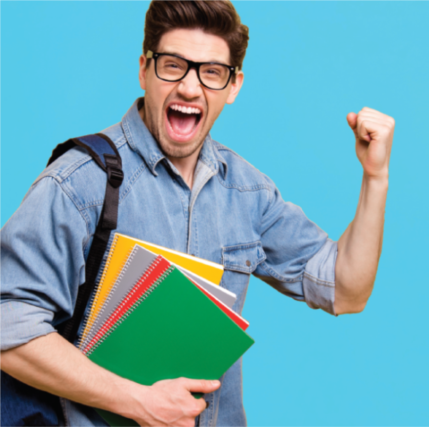 excited student with backpack and books